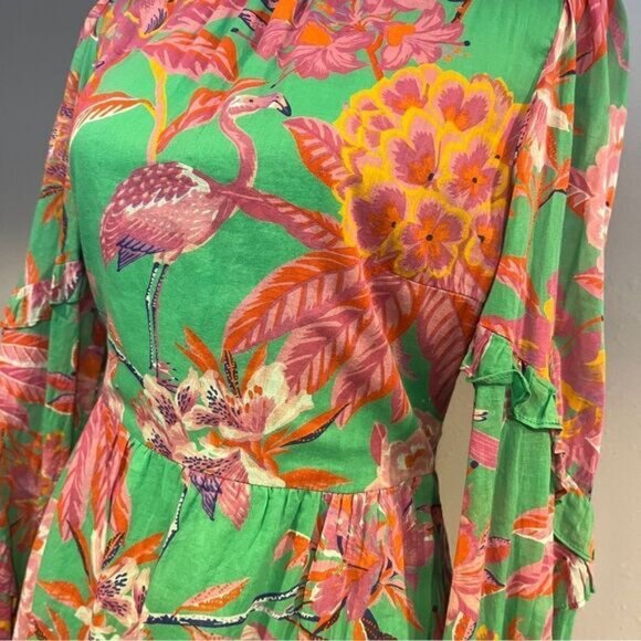 Benjanan Floral Flamingo print mini long sleeve Dress size medium - Picture 2 of 15